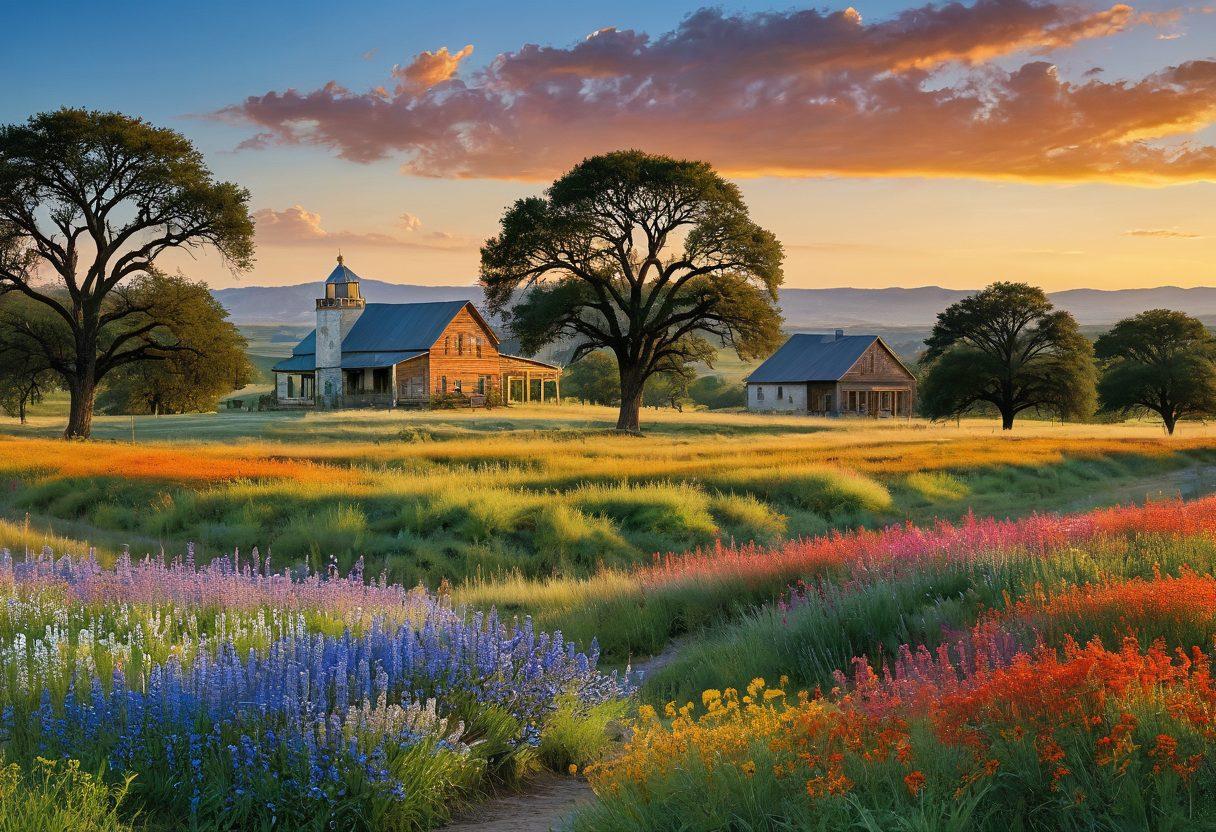 A serene Texas landscape featuring a diverse group of families enjoying outdoor activities, with parents engaging in supportive conversations with pediatricians. Vibrant wildflowers and blue skies create a nurturing atmosphere, showcasing the bond between families and healthcare professionals. Include children playing in the foreground with a backdrop of rolling hills and a distant silhouette of Texas landmarks. warm colors. painting style.