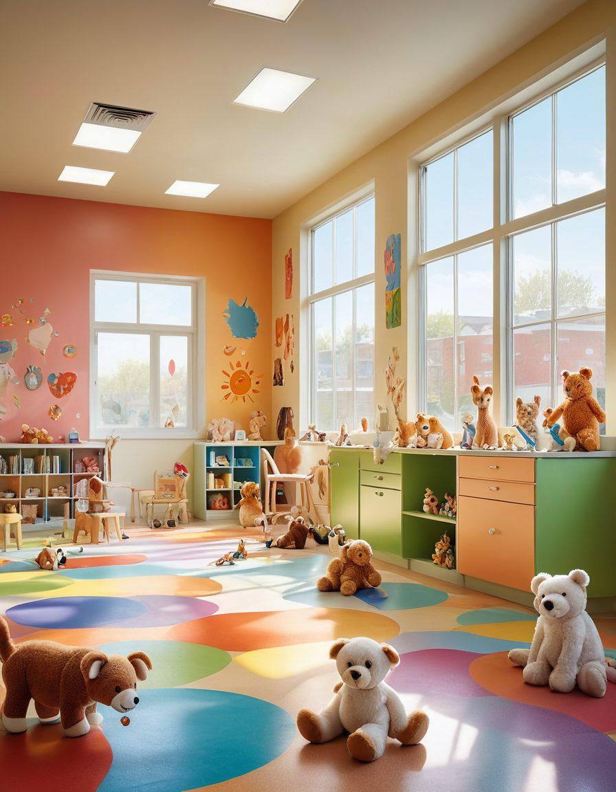 A bright and inviting pediatric clinic filled with diverse children and caring healthcare professionals engaged in playful activities, showcasing the importance of support services in pediatric medicine. Include elements like colorful murals, educational toys, and a warm, welcoming atmosphere to emphasize a nurturing environment. Sunlight streaming through large windows enhances the feeling of hope and health. super-realistic. vibrant colors. soft focus.