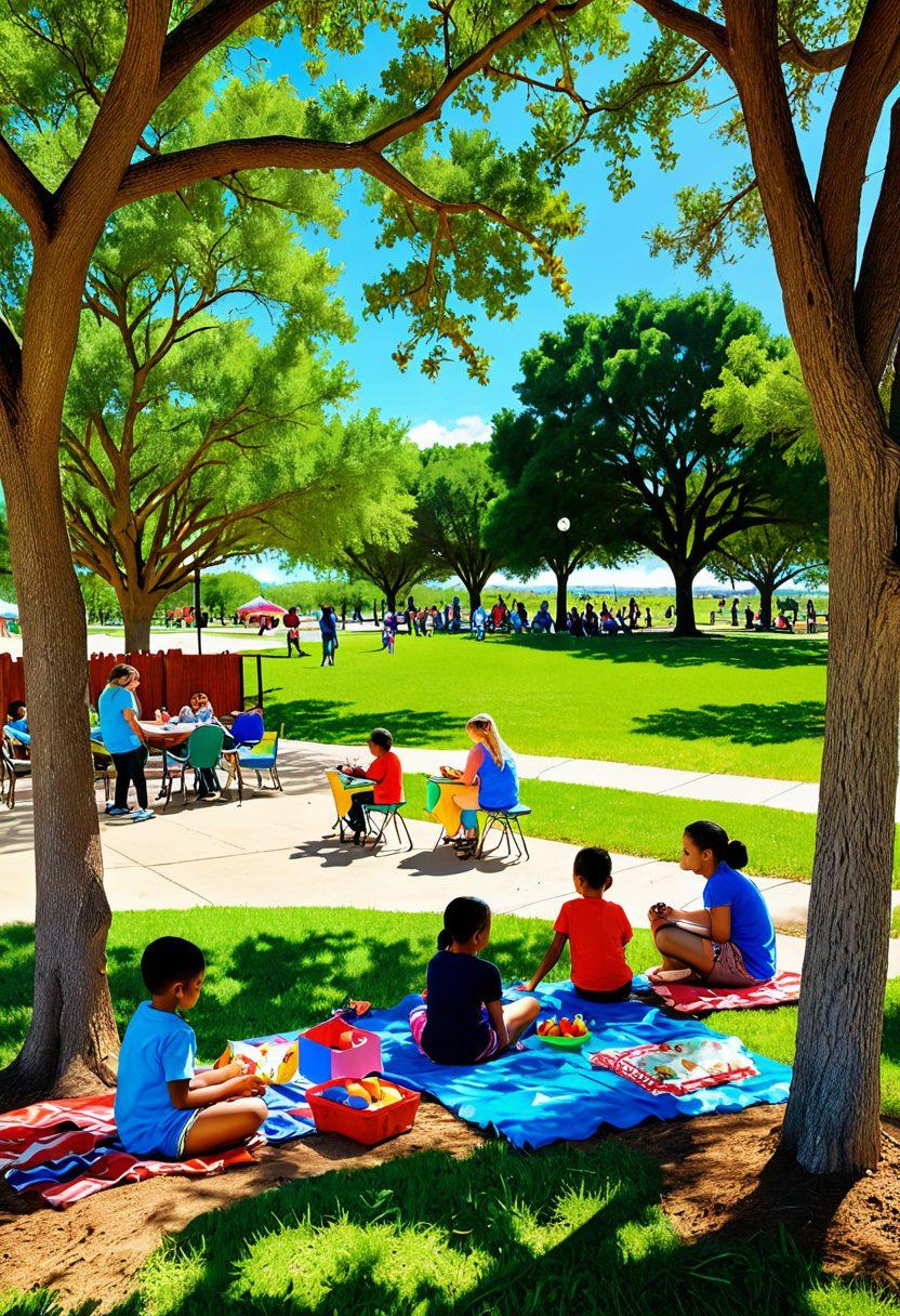 A warm and inviting scene showcasing diverse families in Texas participating in various child development activities. Illustrate children engaging in nature, art, and sports, with parents supporting them, all under a bright Texan sky. Incorporate elements like healthy food, books, and outdoor play equipment to emphasize wellness. Capture the essence of community and nurturing in vibrant colors. super-realistic. vibrant colors. sunny Texas landscape.